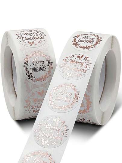 500 Stück/Rolle Weihnachtsstil Kranz-förmige Aufkleber mit 'Frohe Weihnachten' Grüßen