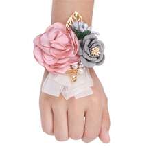 1入組人造玫瑰新娘手腕花,珍珠伴娘手鐲花腕花,婚禮聚會用品 D675