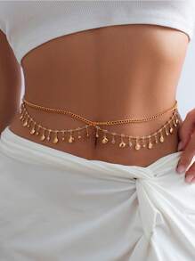 1件時尚性感比基尼鑲嵌鑽石鏈條腰飾,貝殼形金屬流蘇雙層腰鏈身體珠寶配飾服裝配件 - 金色 - 查看 1