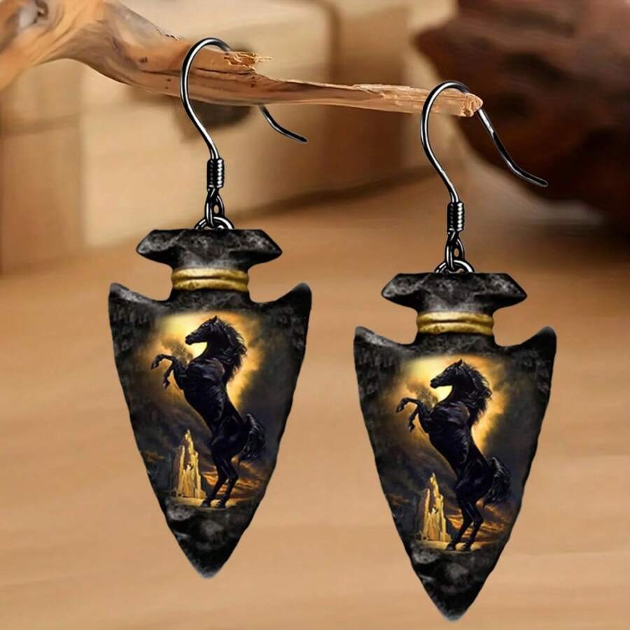 時尚創意黑馬幾何三角吊墜耳環,萬聖節、聖誕節、紀念裝飾首飾禮物
