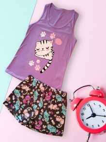 SET DE PIJAMA PARA MUJER CON BLUSA CON SERIGRAFIA TIPO TANK TOP Y SHORT ESTAMPADO - Multicolor - Ver 1