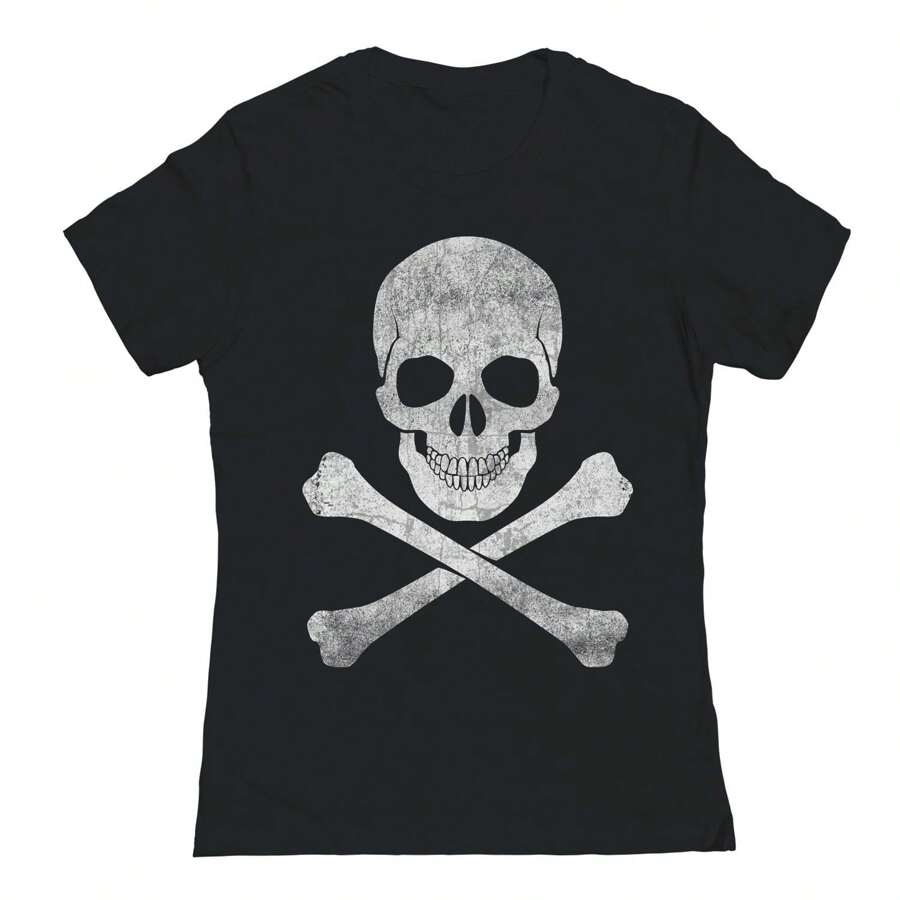 Nearly There Skull And Bones Graphic Black Ladies Cotton Short-Sleeve T-Shirt - 黑色 - 查看 1
