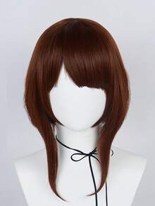 女士 Bob 假发 14 英寸中长直发棕色角色扮演假发，带刘海，适合节日成人或儿童动漫漫画卡通服装角色扮演假发，适合派对，便宜假发合成无胶耐热纤维替换发，学校万圣节感恩节圣诞节服装配饰和 1 件假发帽 - 棕色 - 查看 3