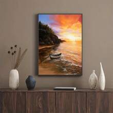 1幅原創油畫,描繪美麗的海洋海灘和懸崖上的日落漁船,現代印象派,現代主義,海洋主義,客廳,走廊,臥室裝飾畫(不含框) - 彩色 - 查看 1