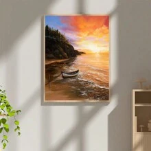 1幅原創油畫,描繪美麗的海洋海灘和懸崖上的日落漁船,現代印象派,現代主義,海洋主義,客廳,走廊,臥室裝飾畫(不含框) - 彩色 - 查看 4