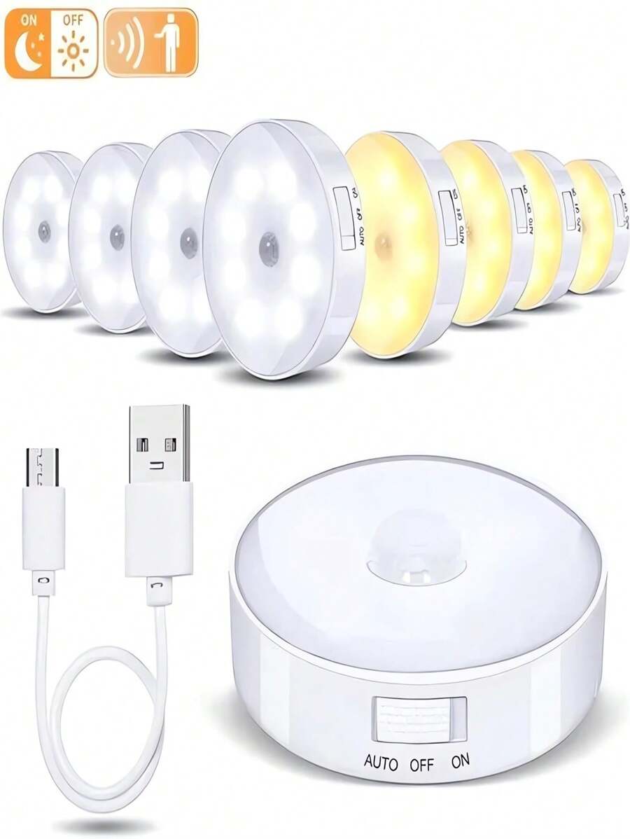 1 pieza/3 piezas/6 piezas Luz con sensor de movimiento, luz nocturna, luz de escalera, regalo creativo, lámpara de mesita de noche con 8 LED, luz nocturna recargable por USB, lámpara para estantería de estudiante (250mAh) - Multicolor - Ver 1