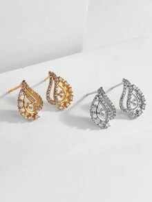 2pcs Fashionable Cubic Zirconia & Leaf Decor Stud Earrings Suitable For Ladies' Everyday Wear - Silver - View 3