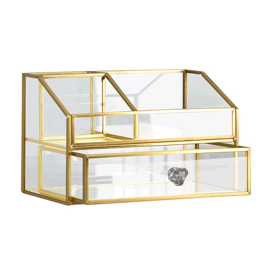 1pc Nordic Style Gold-Plated Makeup Vanity Organizer With Glass Desktop Drawer For Jewelry, Watches And Cosmetics Storage - Gold - View 1