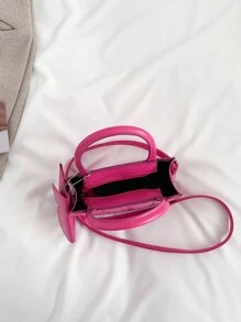 字母印花2入組迷你時尚手提方形包，新款實色格紋拼接休閒女士包，多功能肩背包 - 玫紅色 - 查看 4