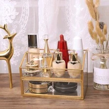 1pc Nordic Style Gold-Plated Makeup Vanity Organizer With Glass Desktop Drawer For Jewelry, Watches And Cosmetics Storage - Gold - View 6