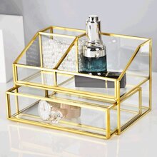 1pc Nordic Style Gold-Plated Makeup Vanity Organizer With Glass Desktop Drawer For Jewelry, Watches And Cosmetics Storage - Gold - View 8