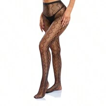 Black Sexy Fishnet Stockings Symmetrical Wave Pattern Halloween Design, Suitable For Daily Wear - Black - View 3