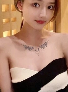 1 Miếng Không thấm nước không phản chiếu Mặt trăng & Lá cây Dây chuyền Hình xăm dán tạm thời Đối với Của phụ nữ Ngực Đồ trang trí - màu đen - Xem 1