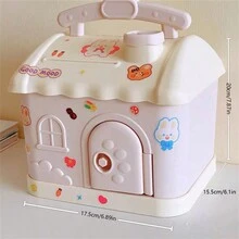1pc Creative House-shaped Coin Bank, Only Money In Not Out, Cartoon Design, Student-friendly, Durable And Lockable - pink sticker - View 2