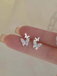 1對法式閃亮水鑽蝴蝶翼形耳環,小巧多變,適合女性日常佩戴 - 蝴蝶型 - 查看 1