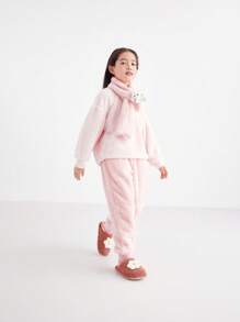 Annil 少女服飾，舒適美觀的絨毛家居服套裝，冬季保暖厚實褲子粉色 - 粉色 - 查看 3