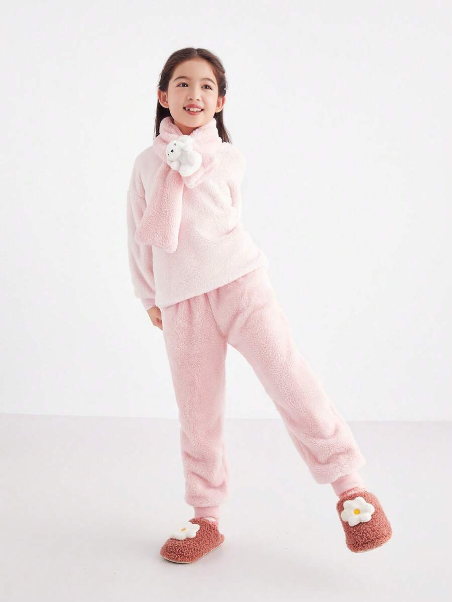 Annil 少女服飾，舒適美觀的絨毛家居服套裝，冬季保暖厚實褲子粉色 - 粉色 - 查看 1