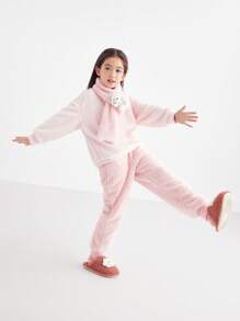 Annil 少女服飾，舒適美觀的絨毛家居服套裝，冬季保暖厚實褲子粉色 - 粉色 - 查看 2