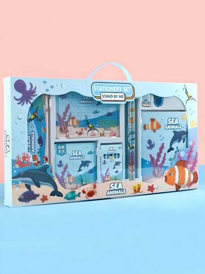 Juego de Papelería con 41 Piezas Diseño Animales Marinos Kawaii. Herramientas Escolares. Ultra resistente y Versátil.