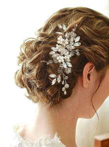 1件装女士手工水晶仿珍珠发梳发饰，适合新娘、婚礼、派对等场合，优雅皇冠造型，情人节配饰 - 銀色 - 查看 3