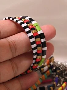 女士彩色手链串珠缠绕珠波西米亚风冲浪珠宝 - 黑與白 - 查看 7