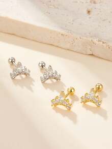 一对 S925 纯银皇冠螺丝耳环镶嵌锆石别致优雅简约耳环适合女性日常礼物