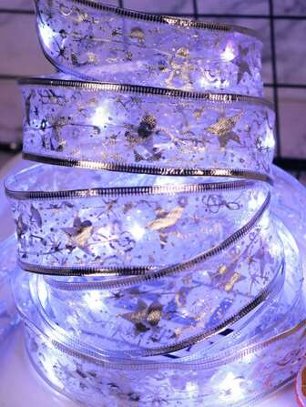 1入組帶有絲帶、禮盒、絲帶串和柔滑材料的led聖誕樹裝飾燈,聖誕樹燈