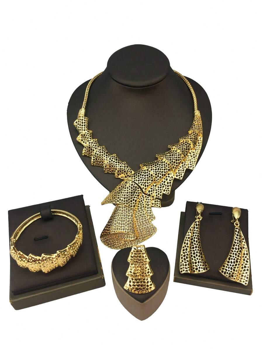 5入組優雅豪華金色項鍊和耳環套裝,適用於新娘婚禮珠寶裝飾禮物