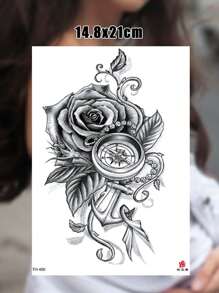 1pc Waterproof Temporary Tattoo Sticker Featuring Rose Pattern, Anchor & Compass Designs, Suitable For Men & Women's Arms And Thighs - Black - View 3