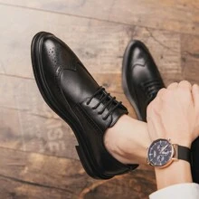Men's Pointed-toe Business Pu Leather Shoes Brock Carving Formal Leather Shoes British Style Low-top Lace-up Shoes Fashion Pu Leather Simple Color Work Shoes Party Wedding Popular Shoes Streetwear Casual Shoes - Black - View 5