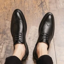 Men's Pointed-toe Business Pu Leather Shoes Brock Carving Formal Leather Shoes British Style Low-top Lace-up Shoes Fashion Pu Leather Simple Color Work Shoes Party Wedding Popular Shoes Streetwear Casual Shoes - Black - View 9