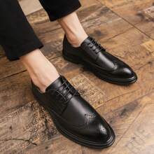 Men's Pointed-toe Business Pu Leather Shoes Brock Carving Formal Leather Shoes British Style Low-top Lace-up Shoes Fashion Pu Leather Simple Color Work Shoes Party Wedding Popular Shoes Streetwear Casual Shoes - Black - View 8