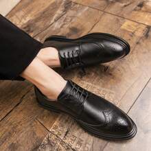 Men's Pointed-toe Business Pu Leather Shoes Brock Carving Formal Leather Shoes British Style Low-top Lace-up Shoes Fashion Pu Leather Simple Color Work Shoes Party Wedding Popular Shoes Streetwear Casual Shoes - Black - View 7