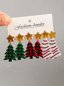 1set/3pairs Acrylic Colorful Grid & Line Print Star & Christmas Tree Design Pendant Earrings Suitable For Women's Festival Wear - Multicolor - View 1