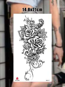 玫瑰臨時紋身貼紙 1 張女性感大腿紋身人體藝術防水逼真紋身貼紙一次性假紋身 - 黑色 - 查看 2