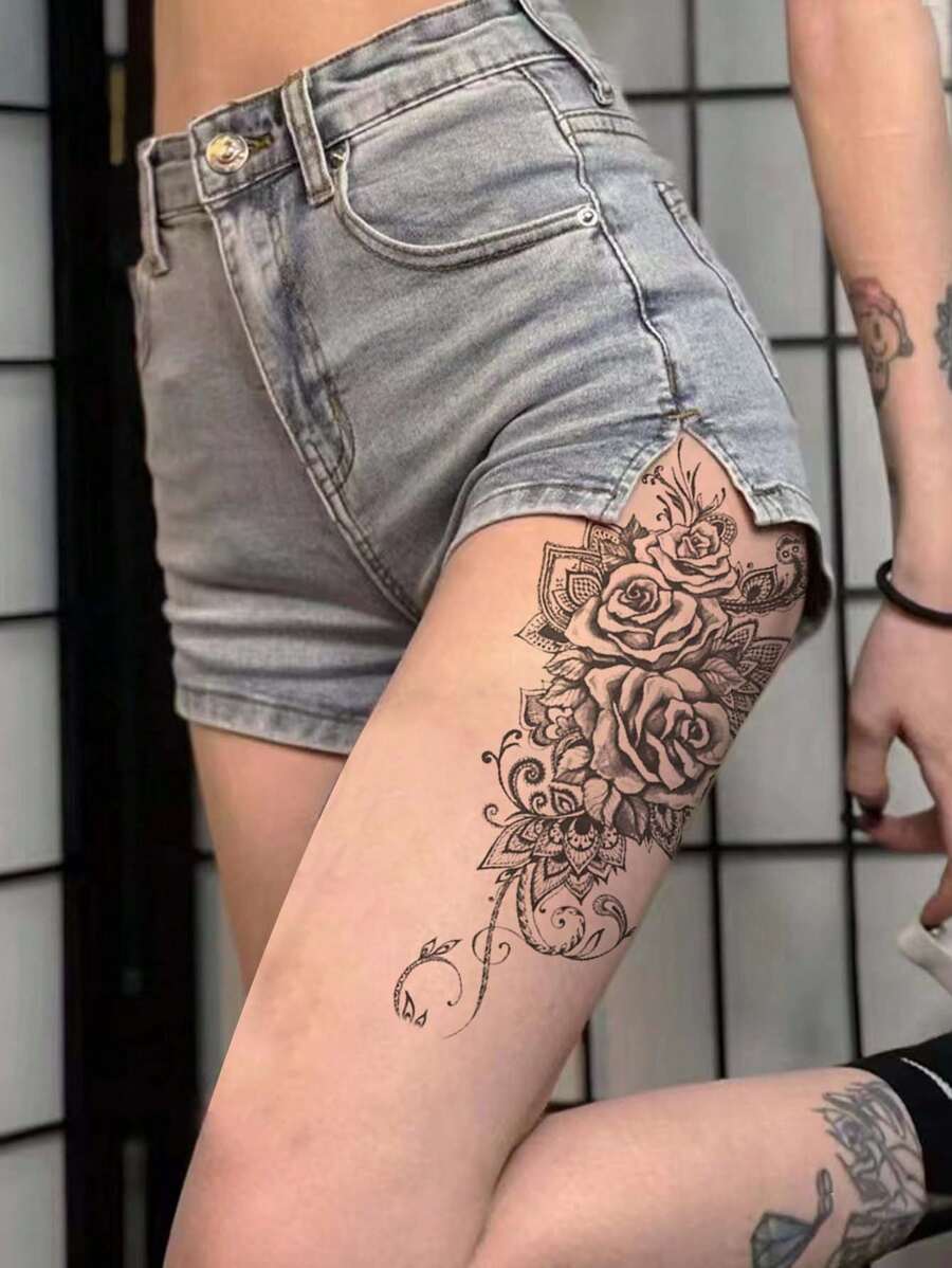 玫瑰臨時紋身貼紙 1 張女性感大腿紋身人體藝術防水逼真紋身貼紙一次性假紋身 - 黑色 - 查看 1