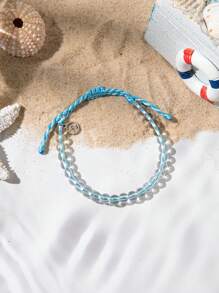 1pc Beach Style Wave Pendant Adjustable Beaded Bracelet For Men, Boyfriend Gift, Suitable For Couples - Black - View 3