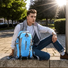 1pc New Travel Backpack, Leisure Sports Backpack, Outdoor Mountaineering Bag, Waterproof Nylon Multi-functional Large-capacity Backpack, Sports Style, Suitable For Men And Women, Mountaineering, Hiking, Sports And Fitness, Daily Use (with Waist Protector) - Blue - View 1