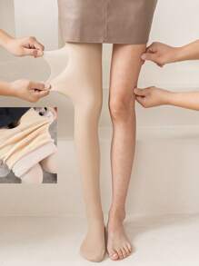 1pair Ladies' Skin Color Double-Layered Fleece Tights - Apricot - View 1