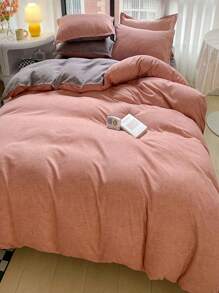 Simple Solid Color Double-Needle Duvet Cover - Multicolor - View 5