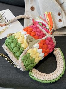 1pc Handmade Crochet Strip Multicolor Khaki Shoulder Bag, Color Blocking Design, And Minimalist Square Shape, Detachable Chain Handle, Large Capacity, Perfect For Daily Use, Party And As A Gift For Friends - Khaki - View 9