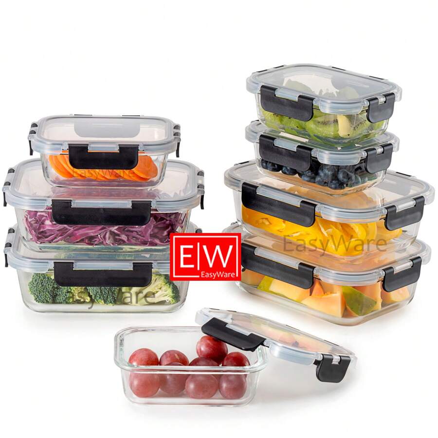 EasyWare Premium! - Juego de 8 Recipientes contenedores de Vidrio Borosilicato (16 piezas) 4 Recipientes grandes y 4 Recipientes medianos, para Alimentos, Herméticos para almuerzo, microondas, coongelador, horno, lavaplatos, Cierra Fácil, a prueba de Fugas, Libre de BPA. (Set 8)… - Negro - Ver 1