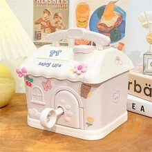 1pc Creative House-shaped Coin Bank, Only Money In Not Out, Cartoon Design, Student-friendly, Durable And Lockable - pink sticker - View 3