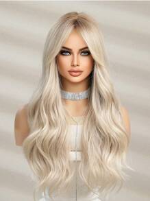 可愛的假髮-金色中分前瀏海長卷26英寸日常仿真頭皮自然女人假髮,適用於婚禮、派對 - 漸層 - 查看 7