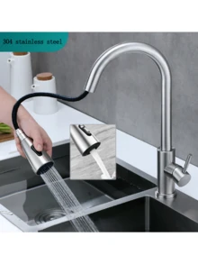 1件304不銹鋼拉出式廚房水龍頭,設有雙出水口,可適用於洗菜盆和水槽,包括軟管和旋轉裝置 - 銀色 - 查看 1