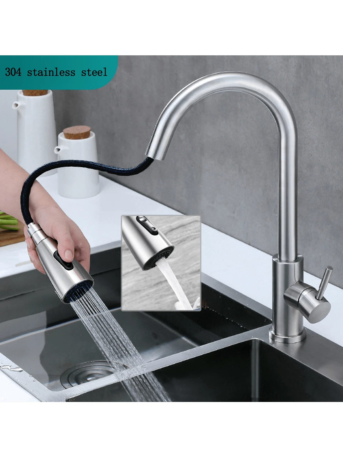 1件304不銹鋼拉出式廚房水龍頭,設有雙出水口,可適用於洗菜盆和水槽,包括軟管和旋轉裝置 - 銀色 - 查看 1