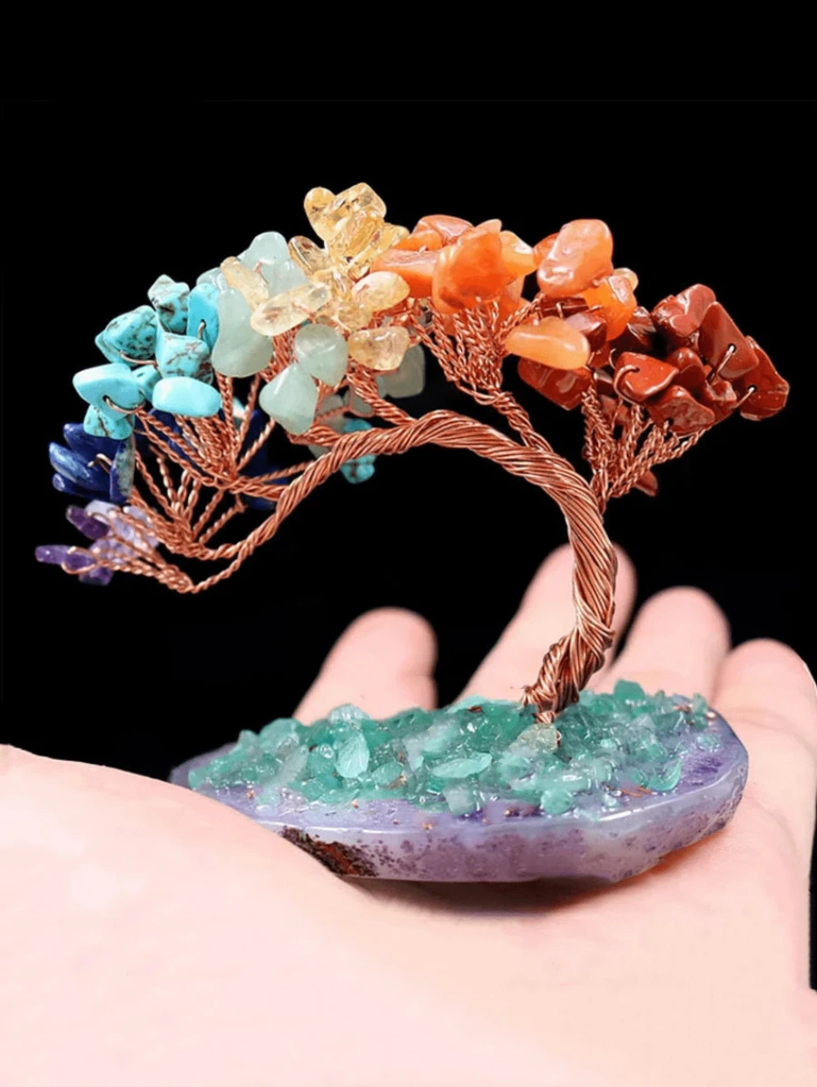 1 pieza Árbol de cristal de curación espiritual natural de 7 chakras Feng Shui con base de ágata, pieza decorativa espiritual que trae buena suerte, riqueza y prosperidad, mejor regalo para cumpleaños, graduación - Multicolor - Ver 1