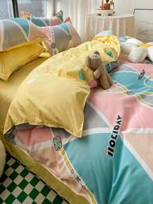 Color Block Rhombus Plaid Pattern Double Needle Quilt Cover - Multicolor - View 6