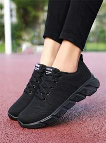 Lässige Sportschuhe für Damen, atmungsaktives Strickobermaterial, dicke Sohlen, weiche Außensohle, Schnürung vorne, leicht - Schwarz - Übersicht 2