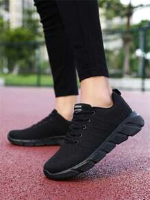 Lässige Sportschuhe für Damen, atmungsaktives Strickobermaterial, dicke Sohlen, weiche Außensohle, Schnürung vorne, leicht - Schwarz - Übersicht 3